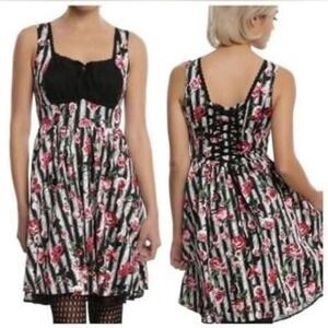 Hot Topic Rose Floral Stripe Corset Milkmaid Fit & Flare Dress Goth Lace Size S